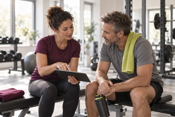 Fitnesstrainerin bespricht mit einem Sportler Trainingsempfehlungen