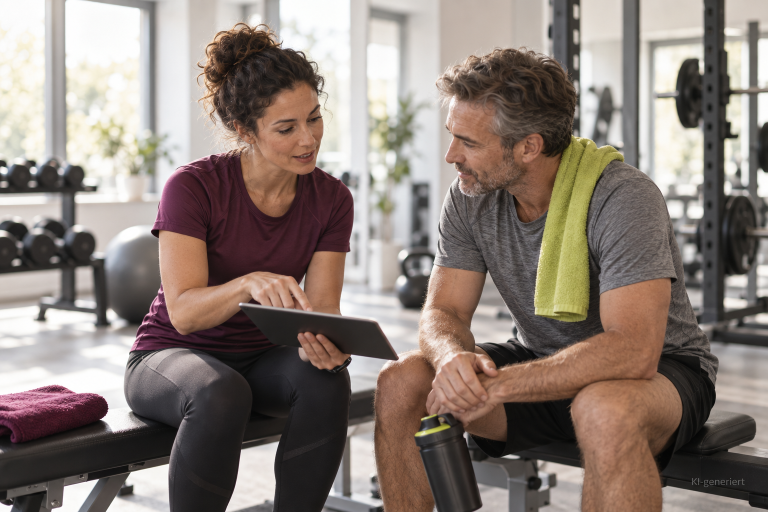 Fitnesstrainerin bespricht mit einem Sportler Trainingsempfehlungen