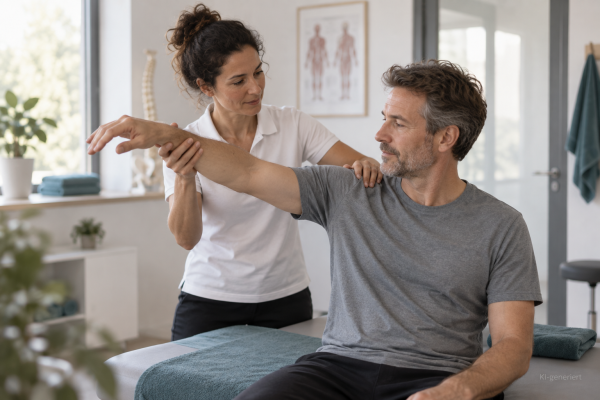 Physiotherapeutin untersucht die Schulterbeweglichkeit eines Patienten